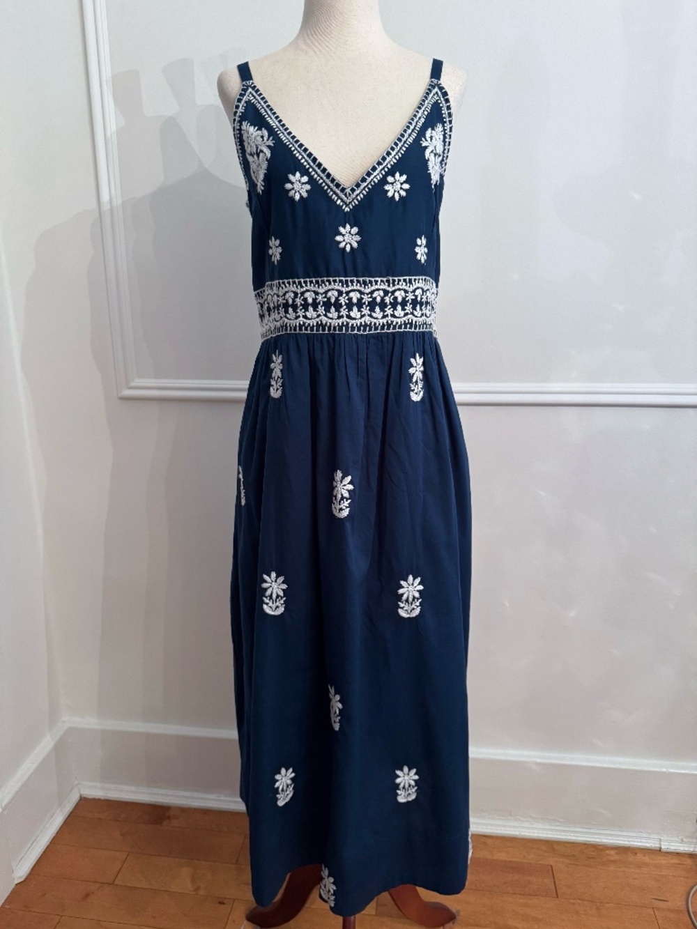 Gretchen Scott Navy White Embroidered Maxi Dress Cotton Smocked Pockets Size XL